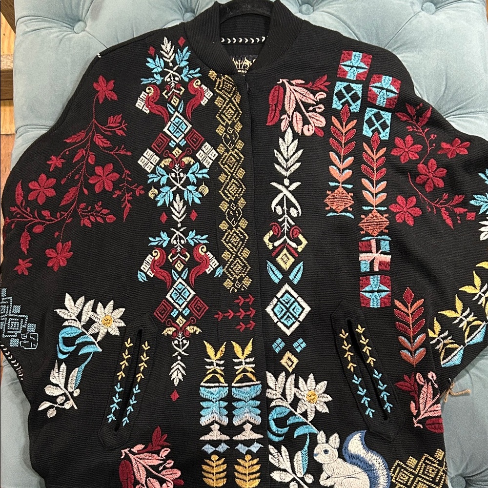 Johnny Was knit embroidered front button poncho